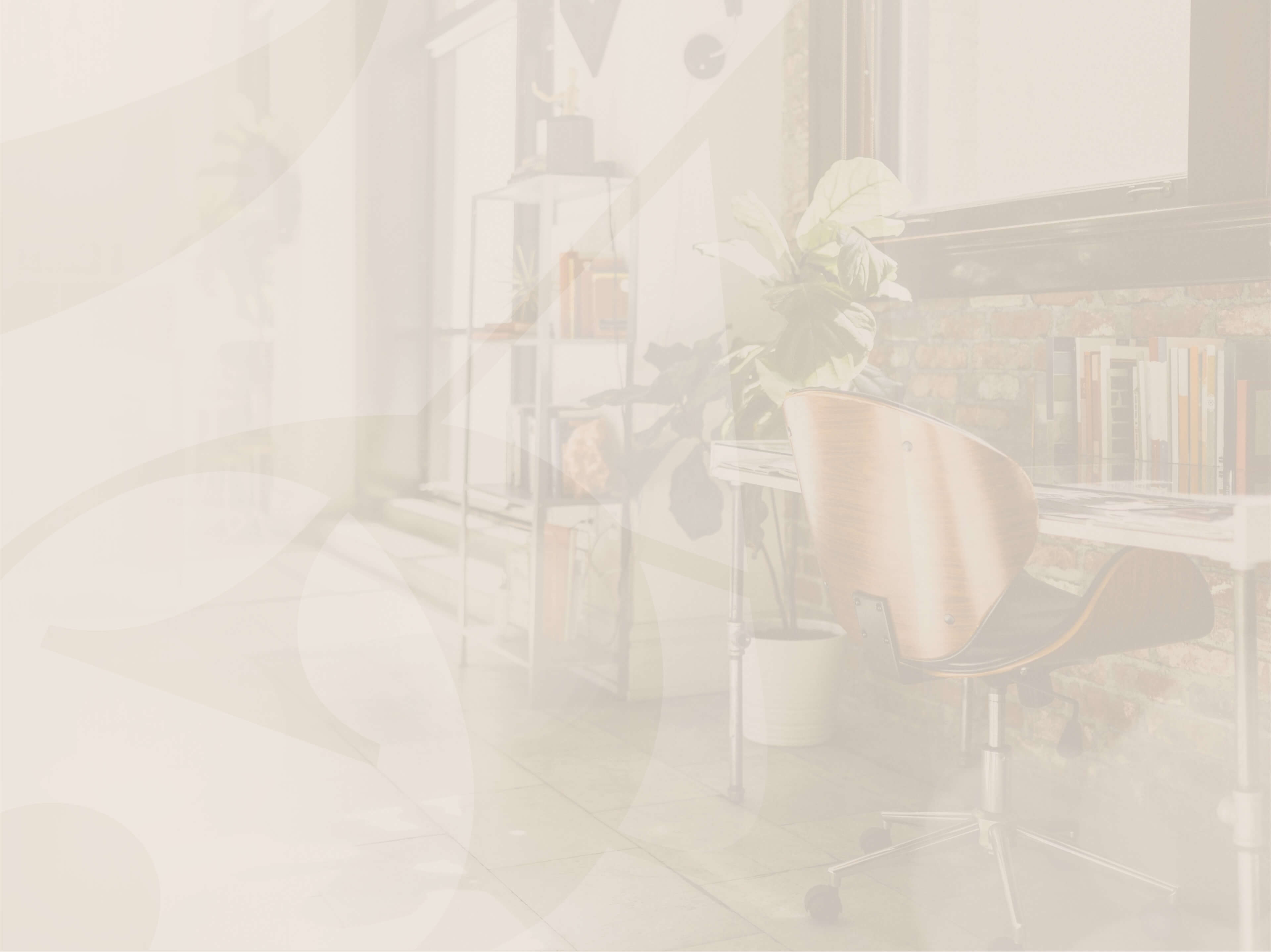 Decorative room with a chair, plant, and shelves on a light background